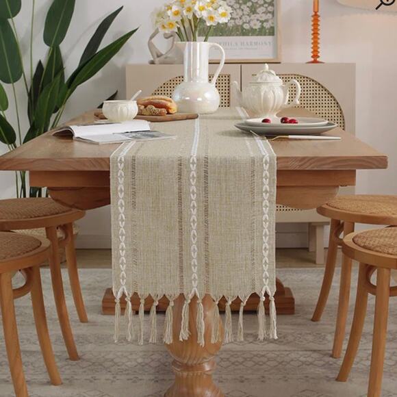 Linen Table Runner Handmade Tassel Embroidered - Picture 1 of 5